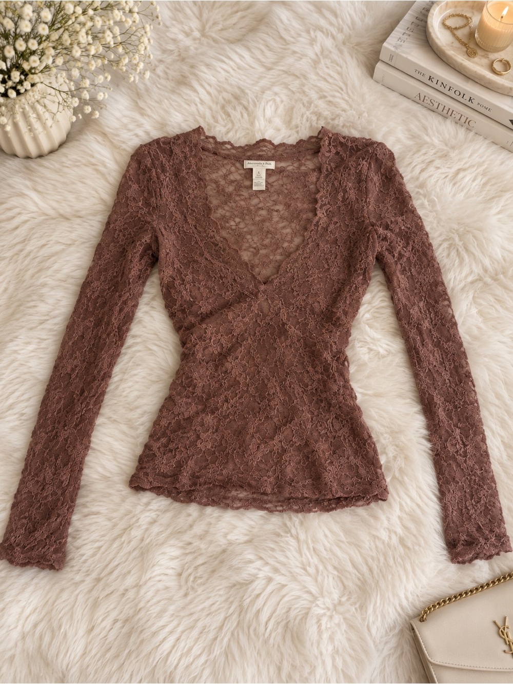H&M Mauve Lace V-Neck Long Sleeve Top